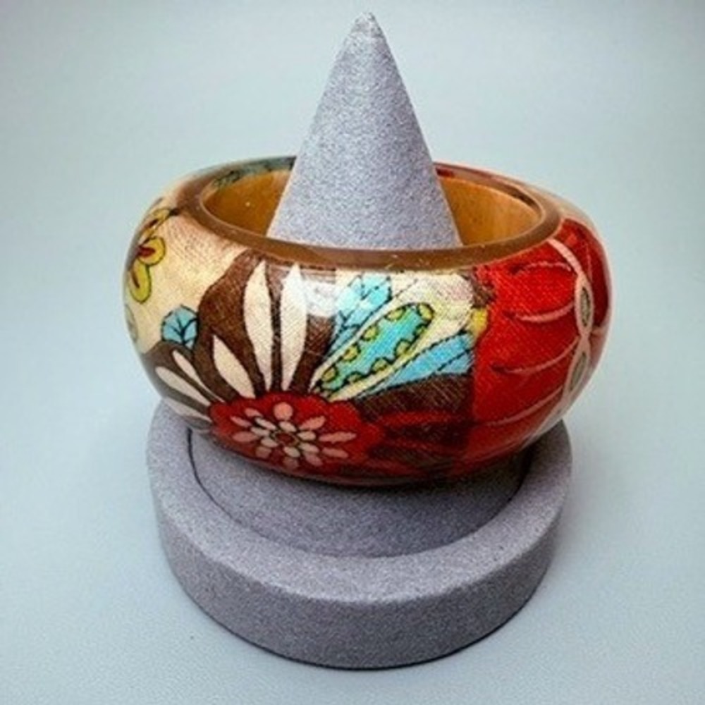 Chunky Oversized Floral Lucite Bangle Bracelet 7.5" Bold Fabric Inlay Wood Boho
